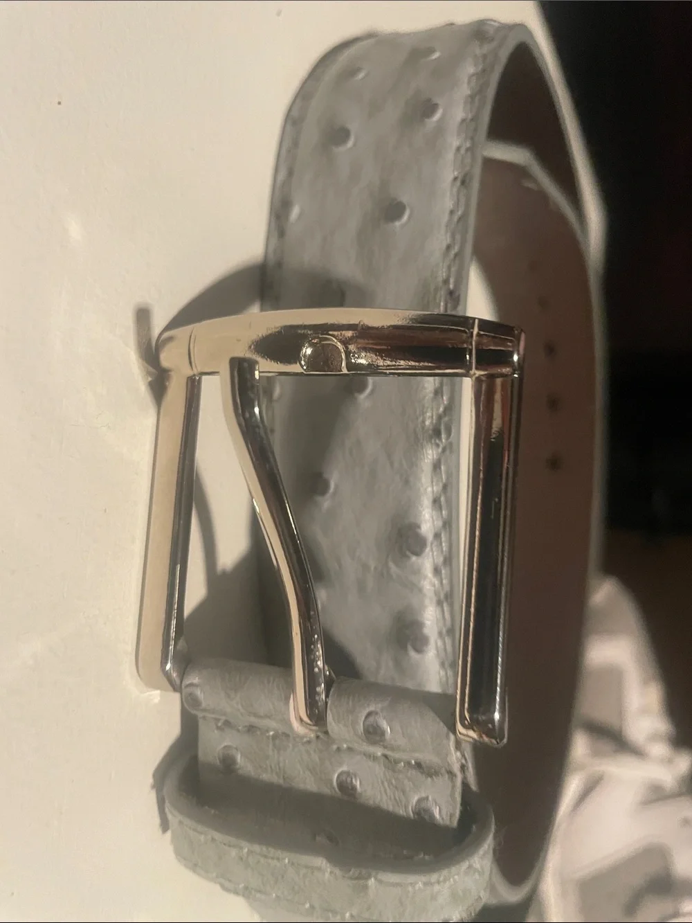 Gray Faux-Ostrich Leather Belt with Gold Buckle - Women Accessories